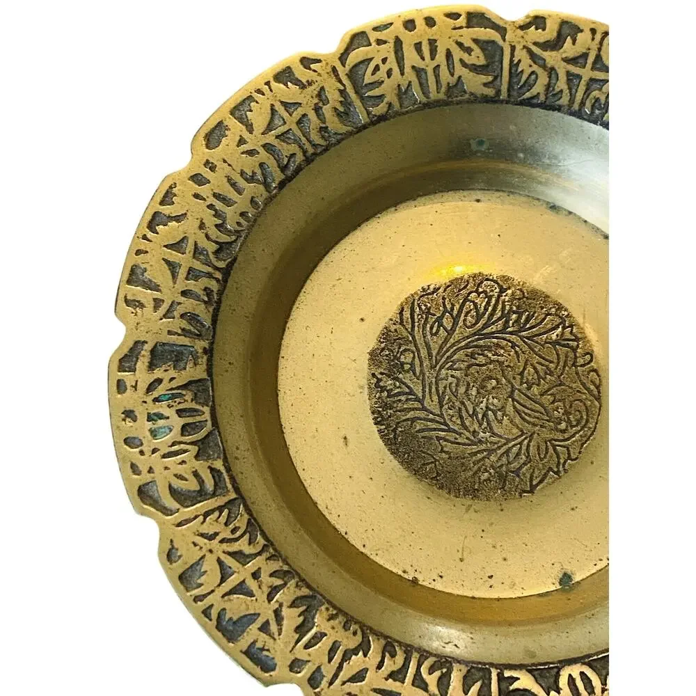 Vintage Mid Century Embossed Brass Trinket Dish Ashtray Made in Korea 5.875